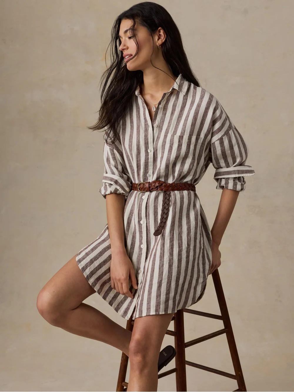 Faherty Women’s Laguna Linen Kova Shirtdress - Sandy Horizon Brown Stripe size M
